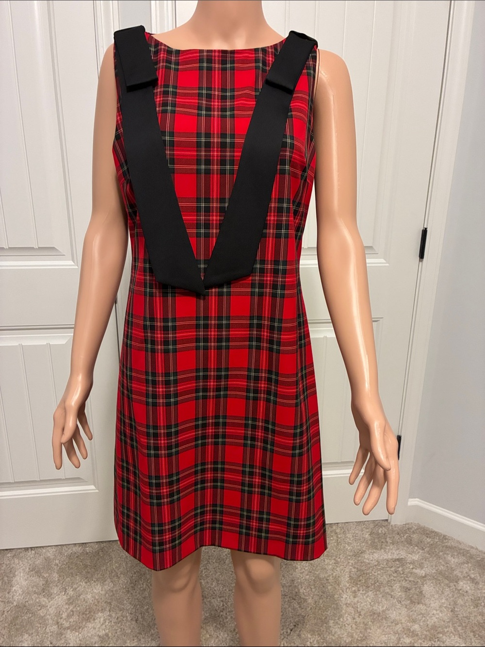 Women’s  Red Plaid A-Line Dress with Black V-Strap Detail by Alex- Marie.